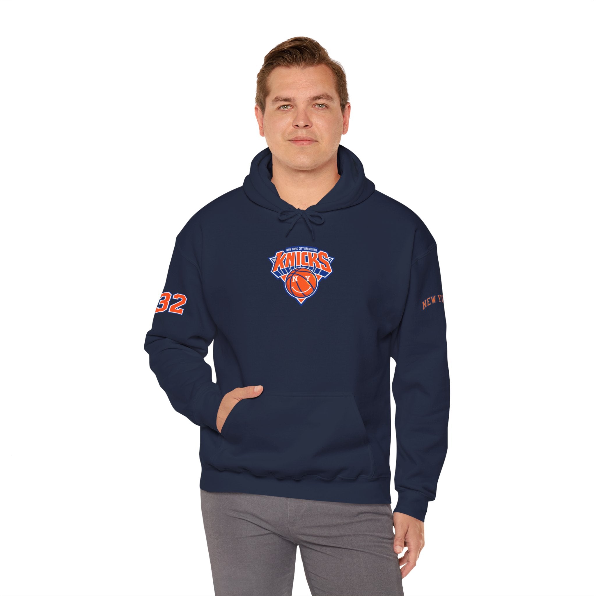 New York Knicks Retro Logo Hoodie — 32 Jersey Sleeve Basketball Pullover