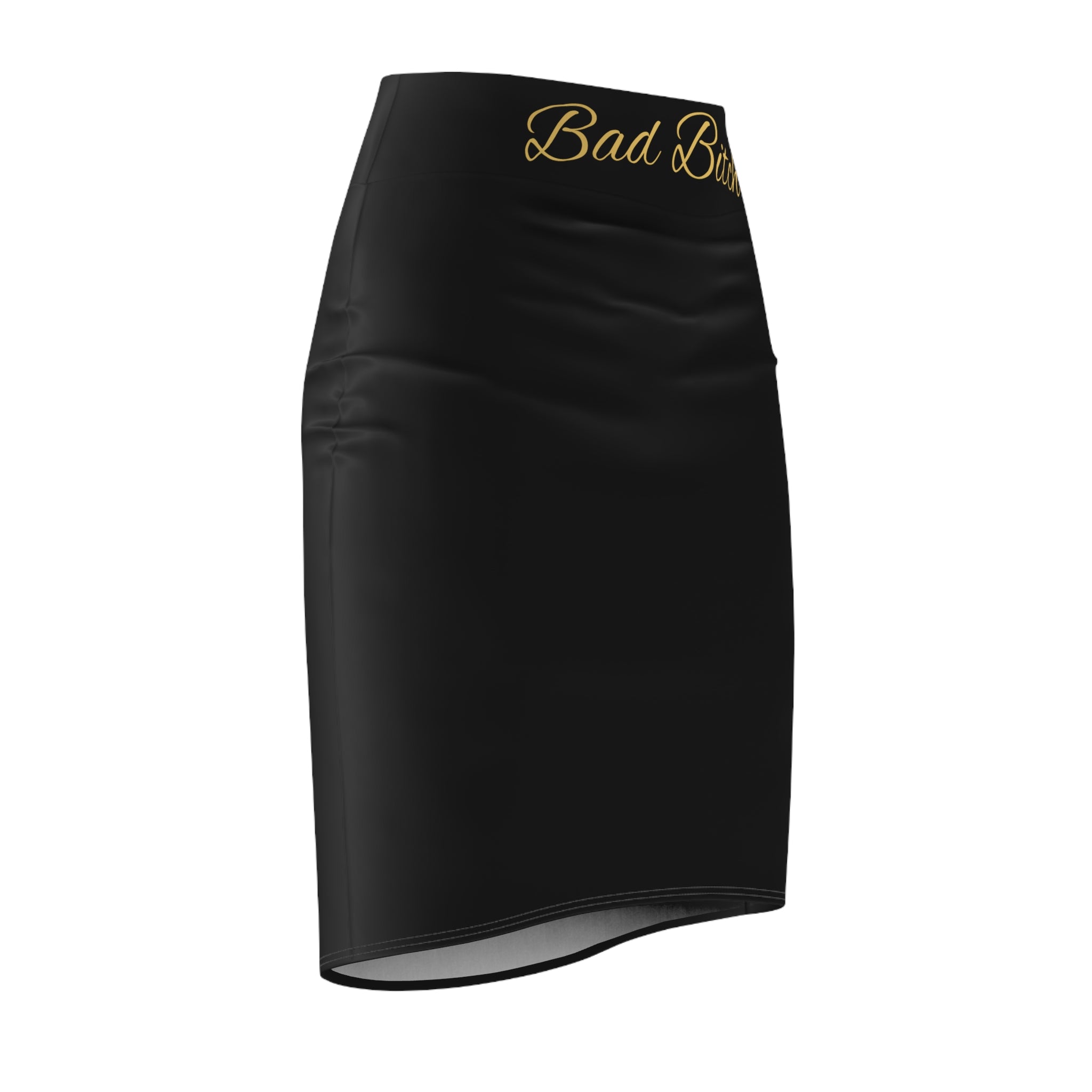 Pencil Skirt — 'Bad Bitch' Gold Script High-Waist Black Pencil Skirt