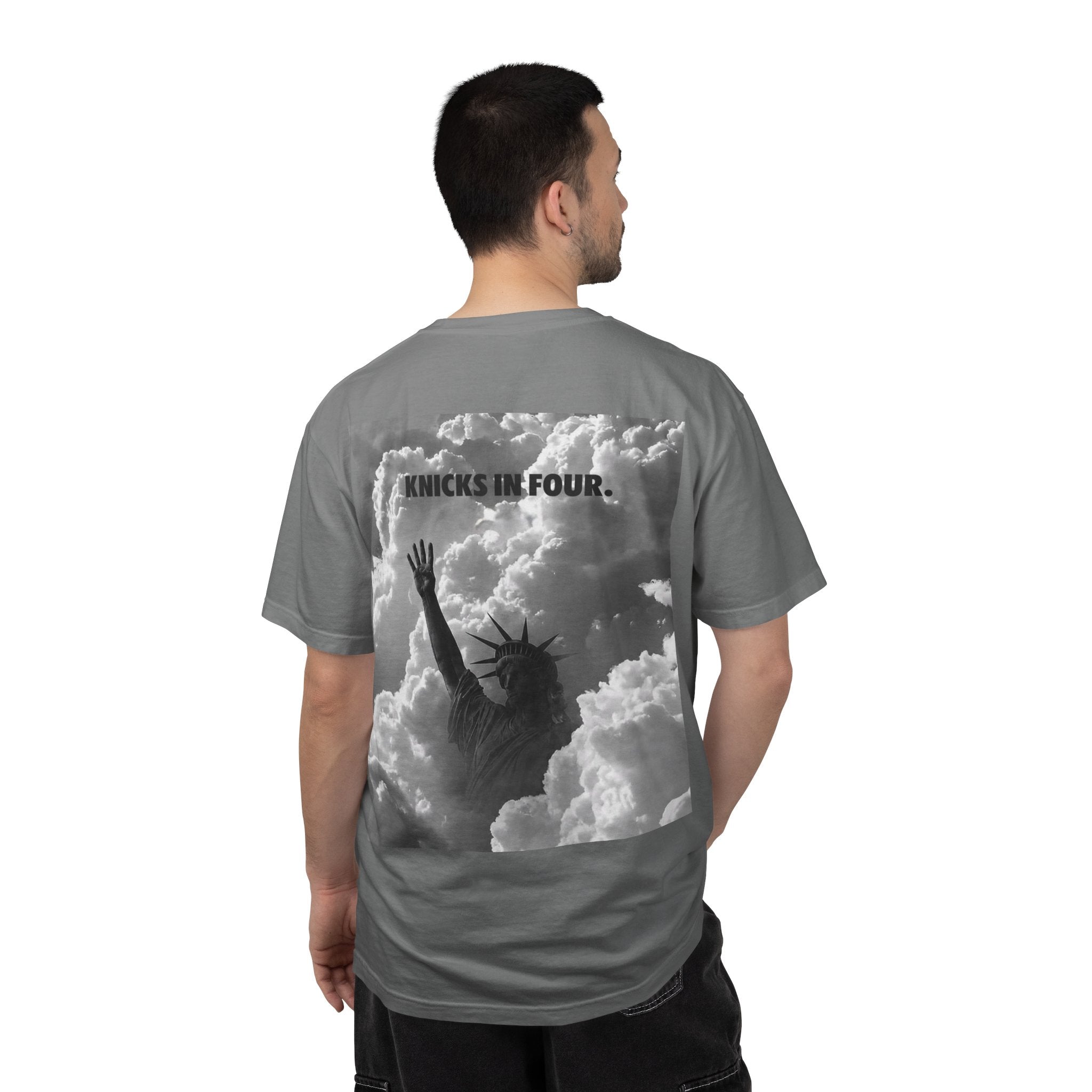 Knicks In Four T‑Shirt — Statue of Liberty Clouds Graphic Tee