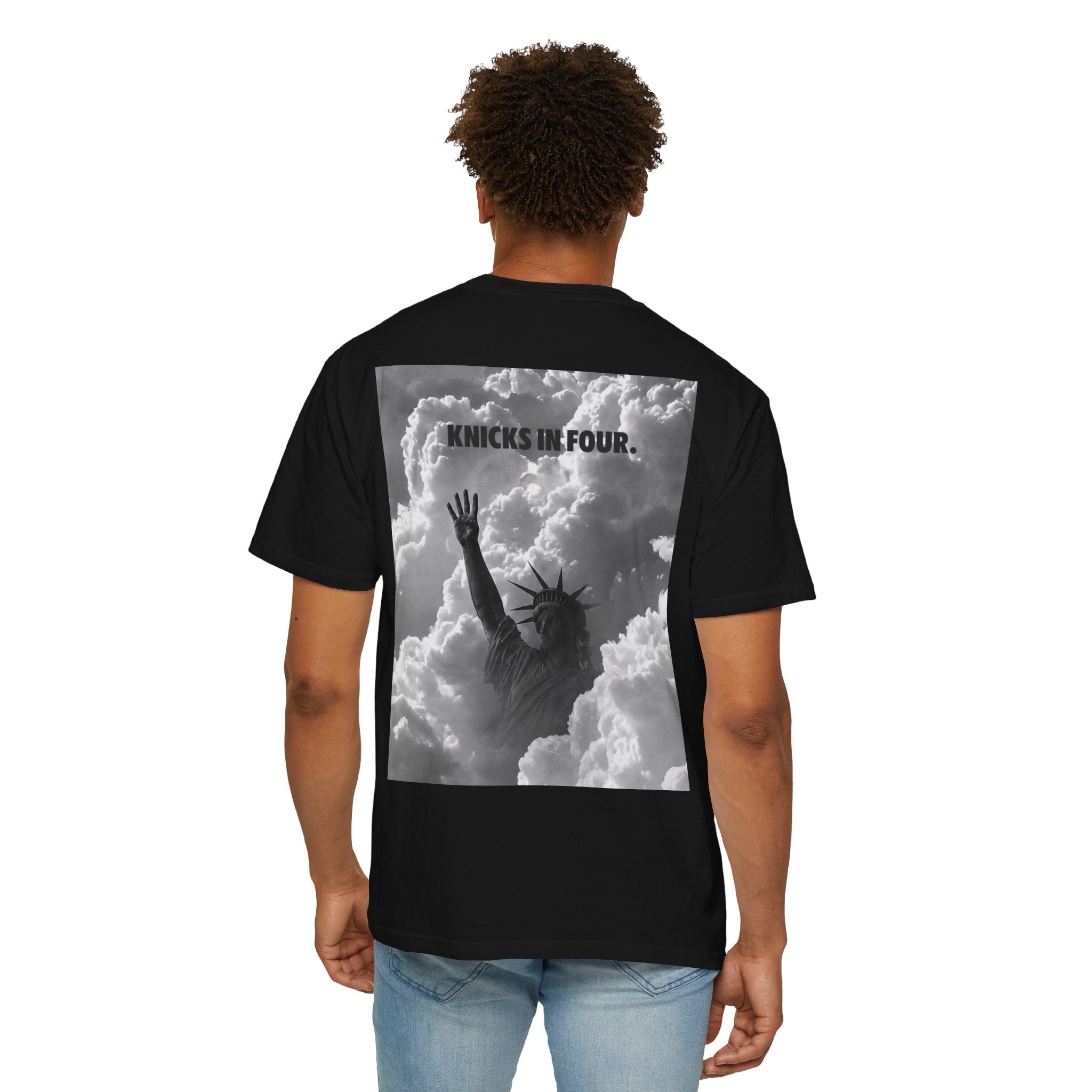 Knicks In Four T‑Shirt — Statue of Liberty Clouds Graphic Tee