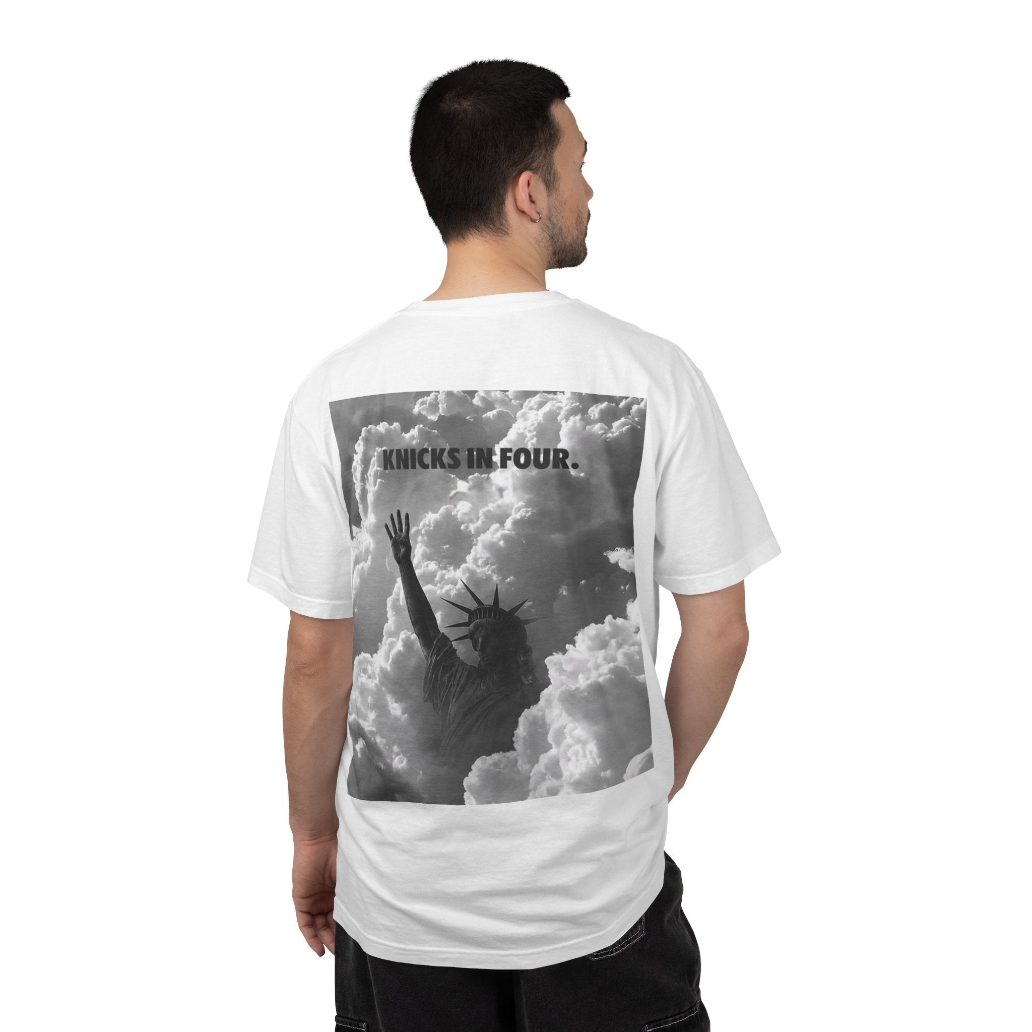Knicks In Four T‑Shirt — Statue of Liberty Clouds Graphic Tee