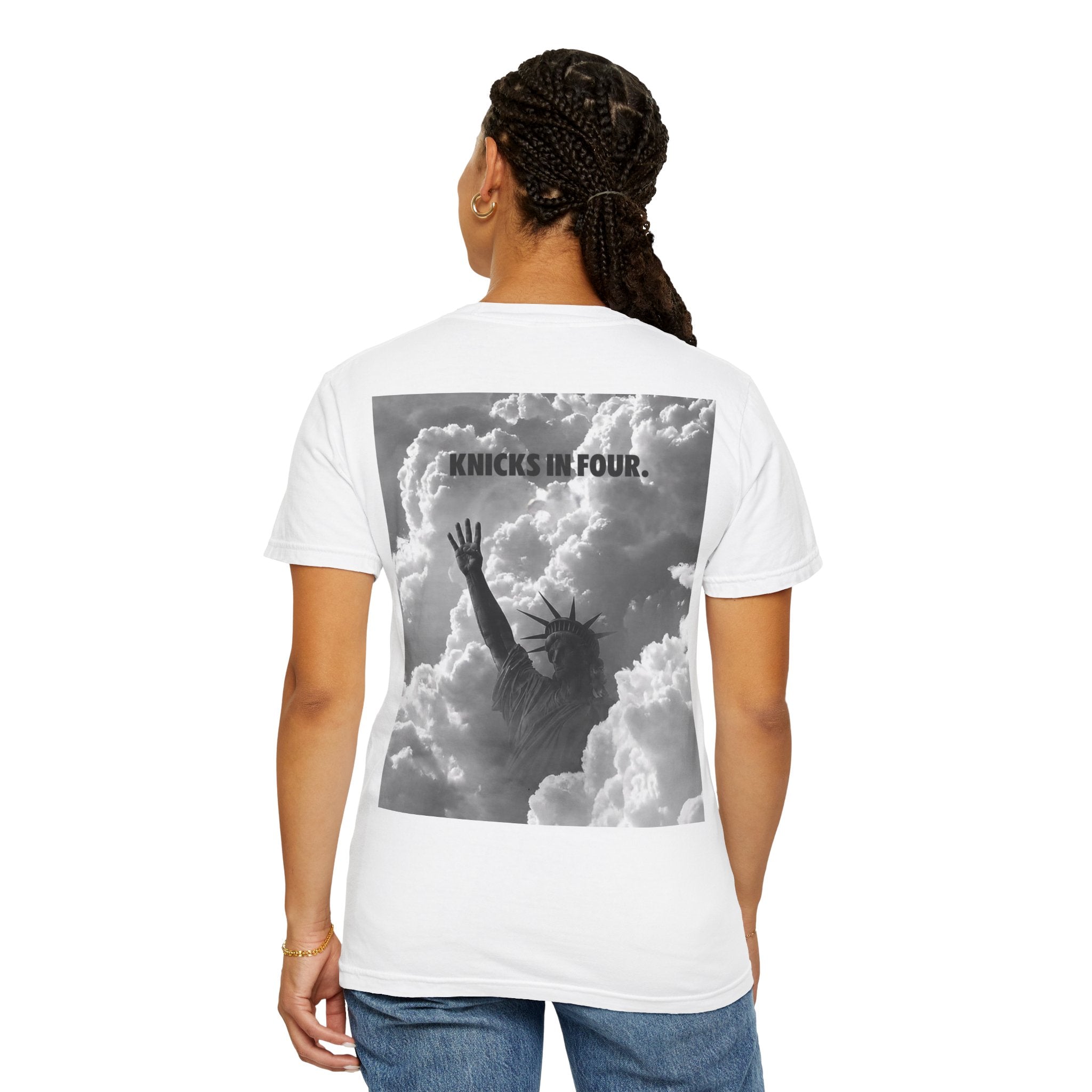 Knicks In Four T‑Shirt — Statue of Liberty Clouds Graphic Tee