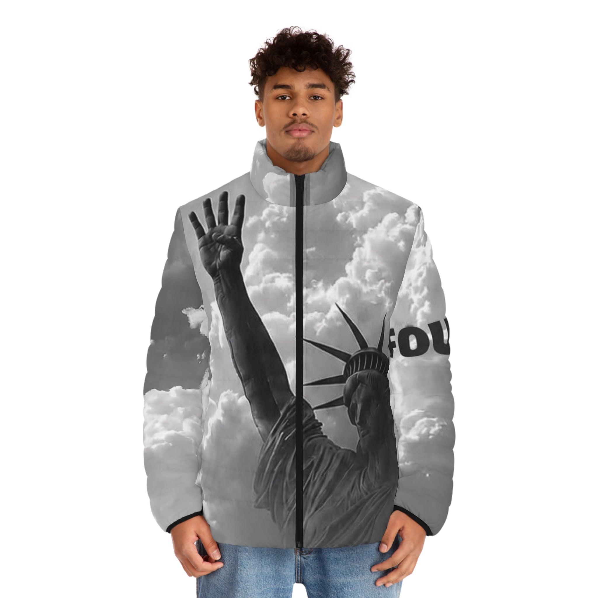 Puffer Jacket — 'Knicks in Four' Statue of Liberty Cloud Print