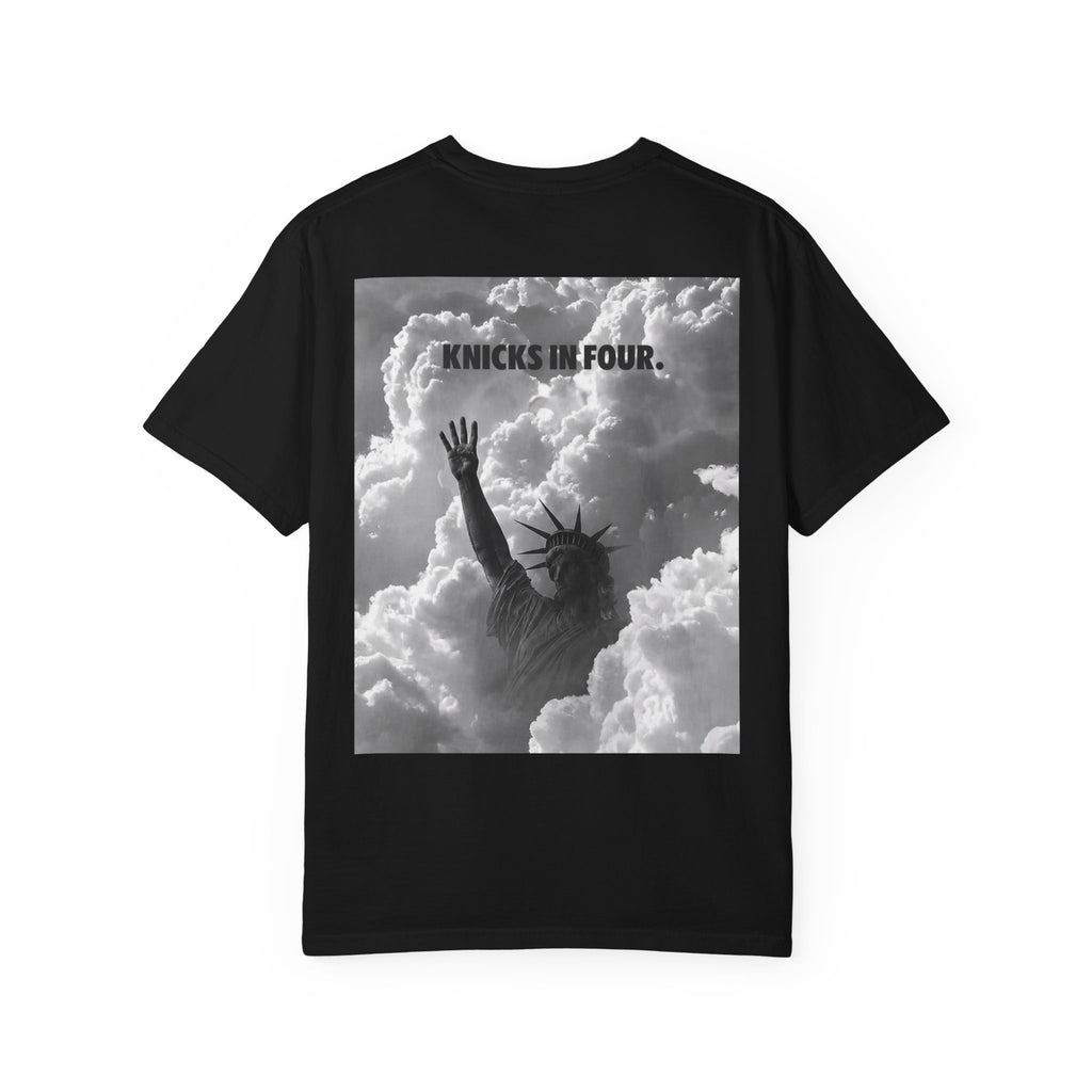 Knicks In Four T‑Shirt — Statue of Liberty Clouds Graphic Tee