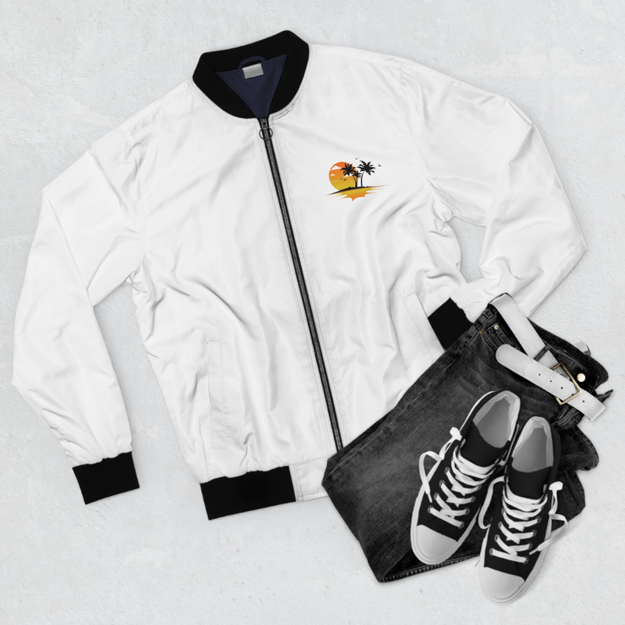 Tropical Sunset Bomber Jacket — Palm Tree Beach Sunset Graphic