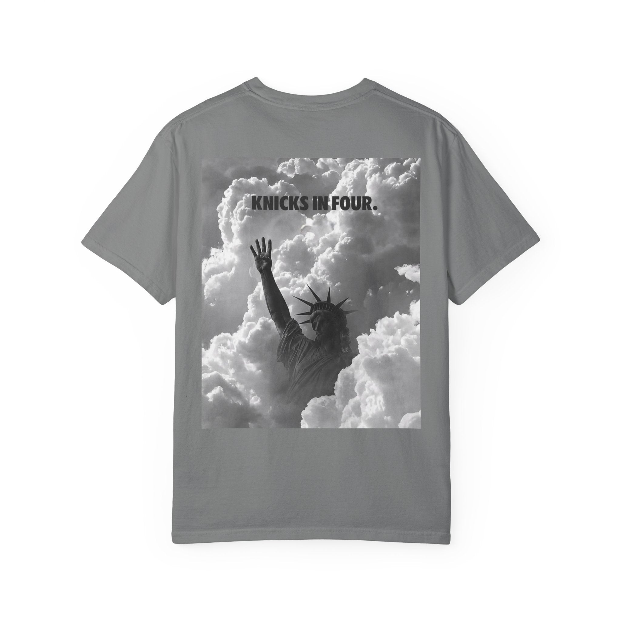 Knicks In Four T‑Shirt — Statue of Liberty Clouds Graphic Tee