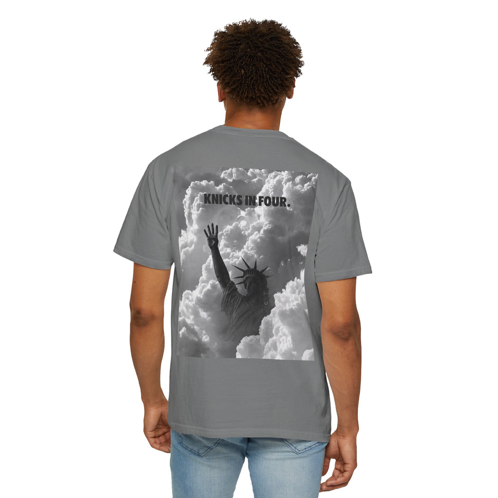 Knicks In Four T‑Shirt — Statue of Liberty Clouds Graphic Tee