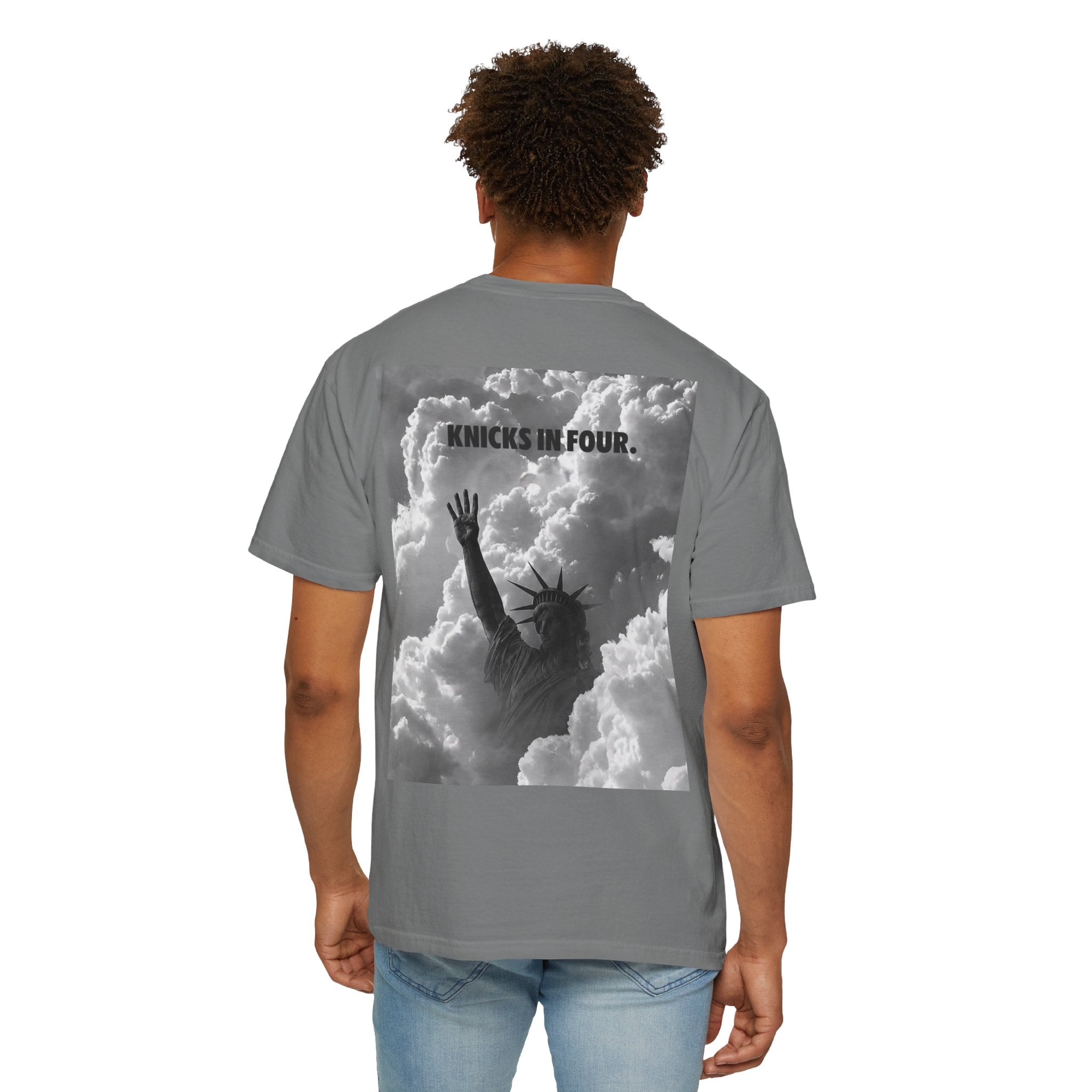 Knicks In Four T‑Shirt — Statue of Liberty Clouds Graphic Tee