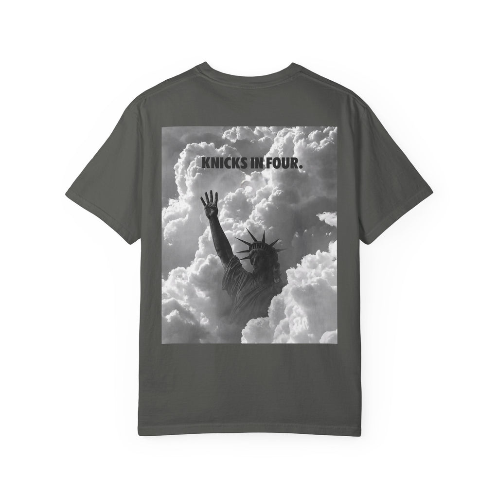 Knicks In Four T‑Shirt — Statue of Liberty Clouds Graphic Tee