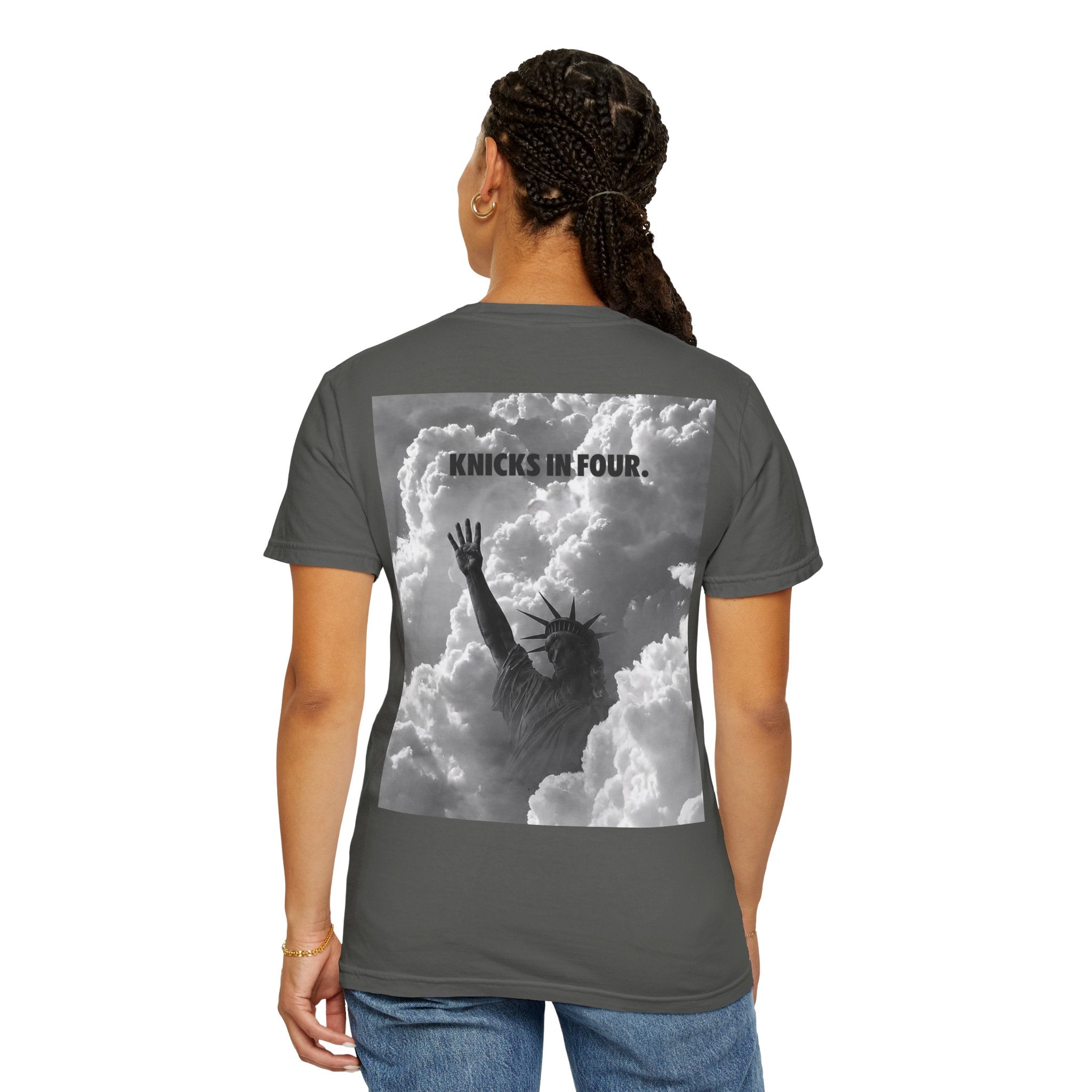 Knicks In Four T‑Shirt — Statue of Liberty Clouds Graphic Tee