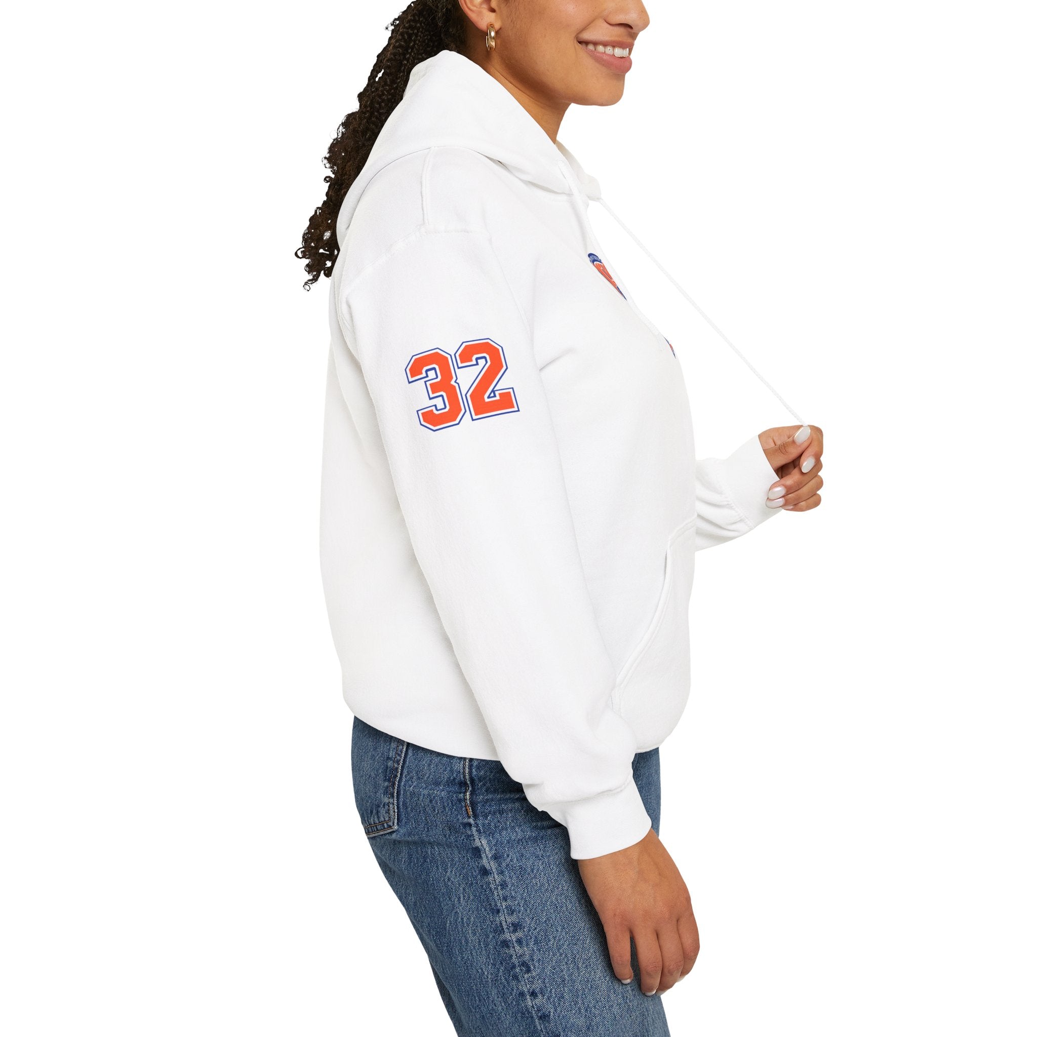 New York Knicks Retro Logo Hoodie — 32 Jersey Sleeve Basketball Pullover