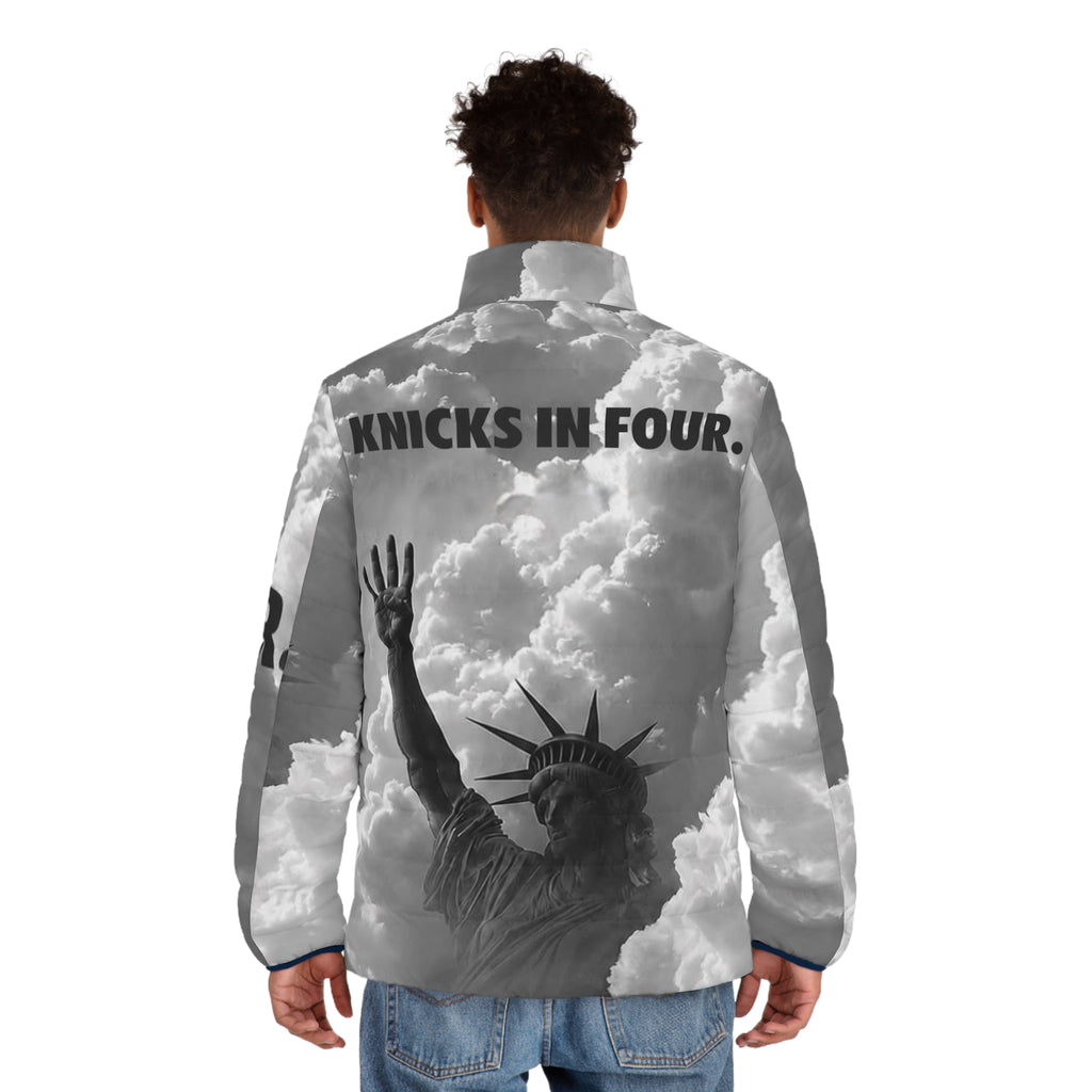 Puffer Jacket — 'Knicks in Four' Statue of Liberty Cloud Print