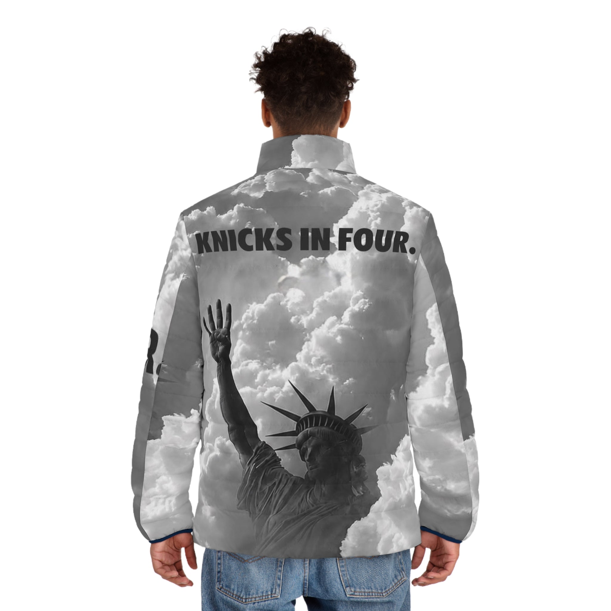 Puffer Jacket — 'Knicks in Four' Statue of Liberty Cloud Print
