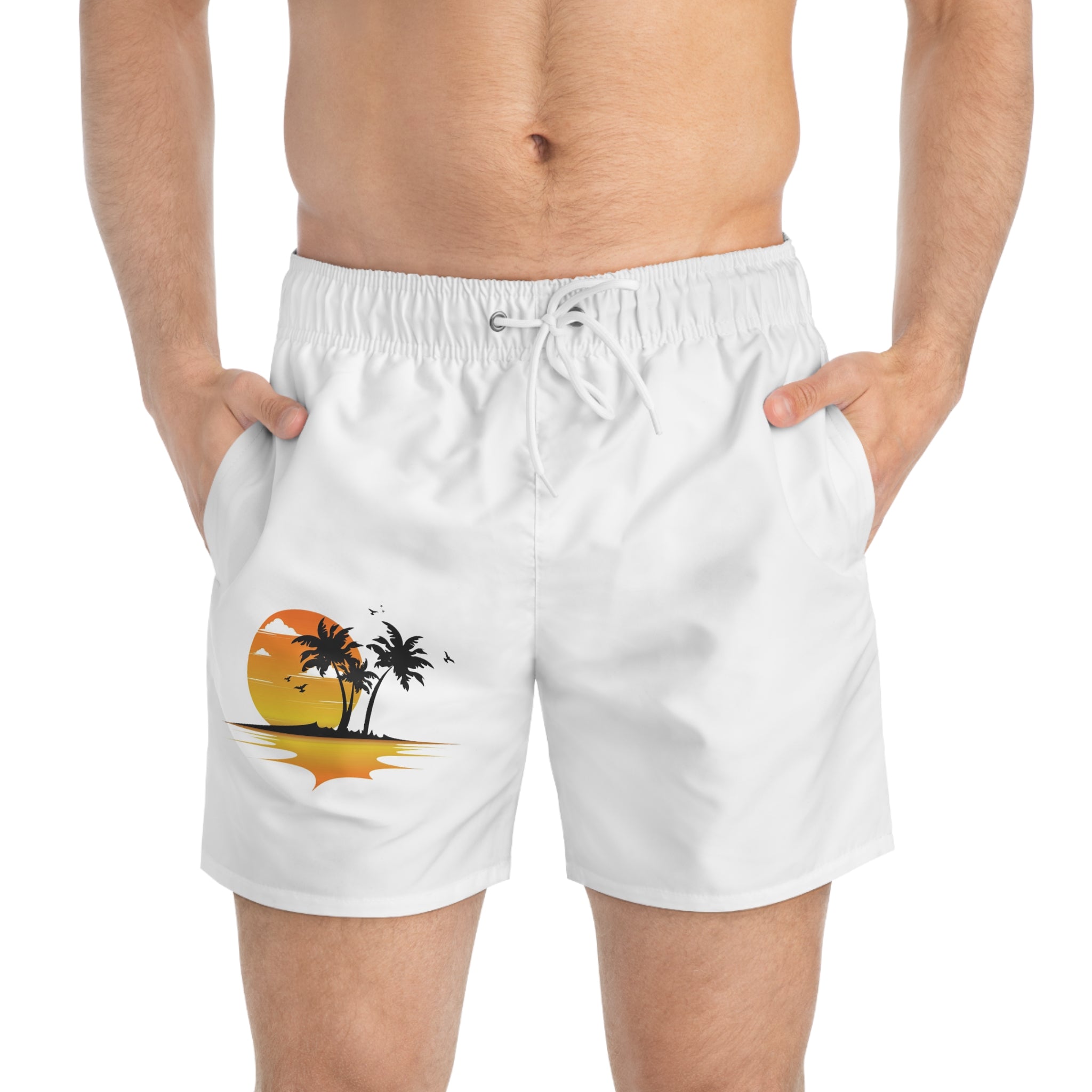 Men's Sunset Palm Swim Trunks - Tropical Beach Shorts
