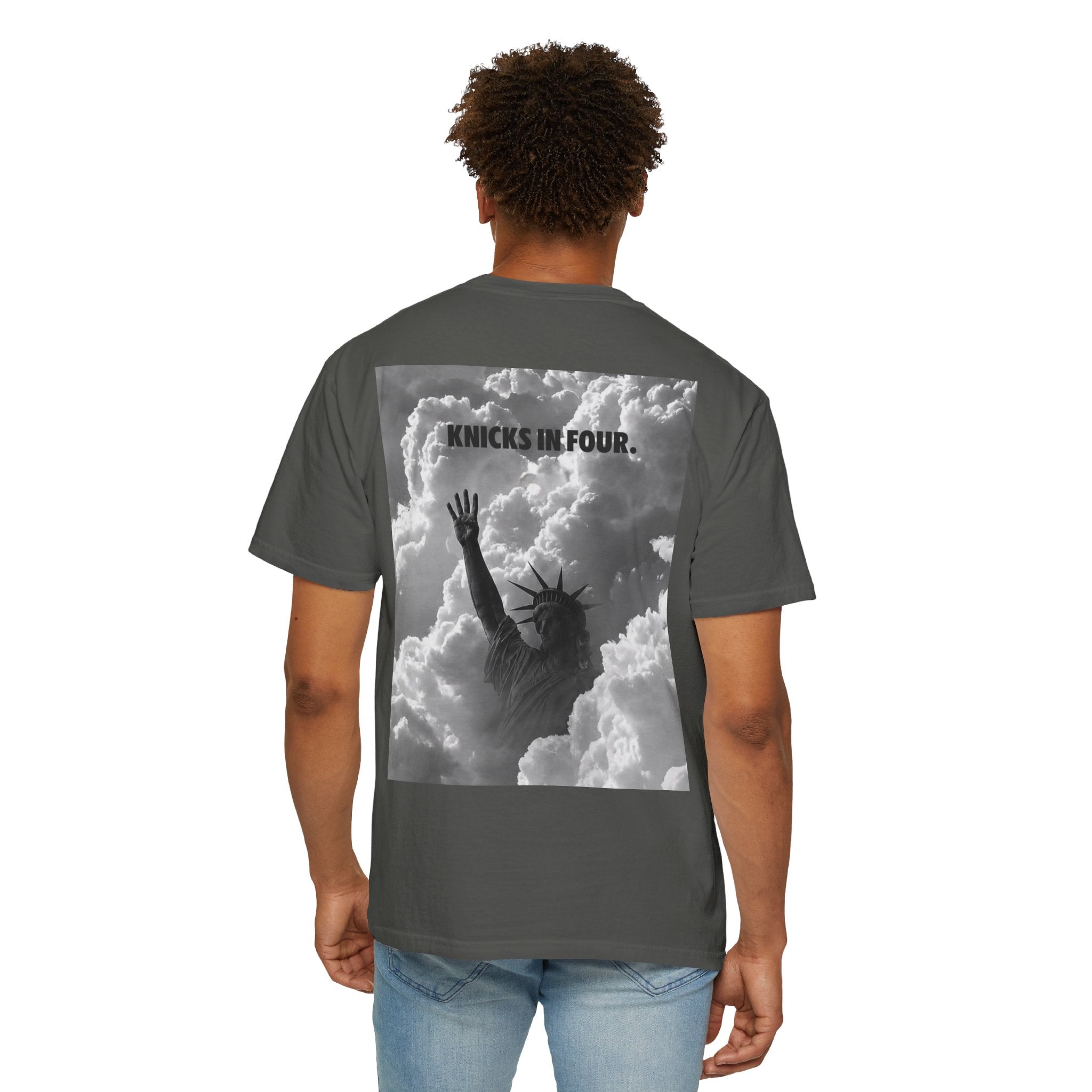 Knicks In Four T‑Shirt — Statue of Liberty Clouds Graphic Tee