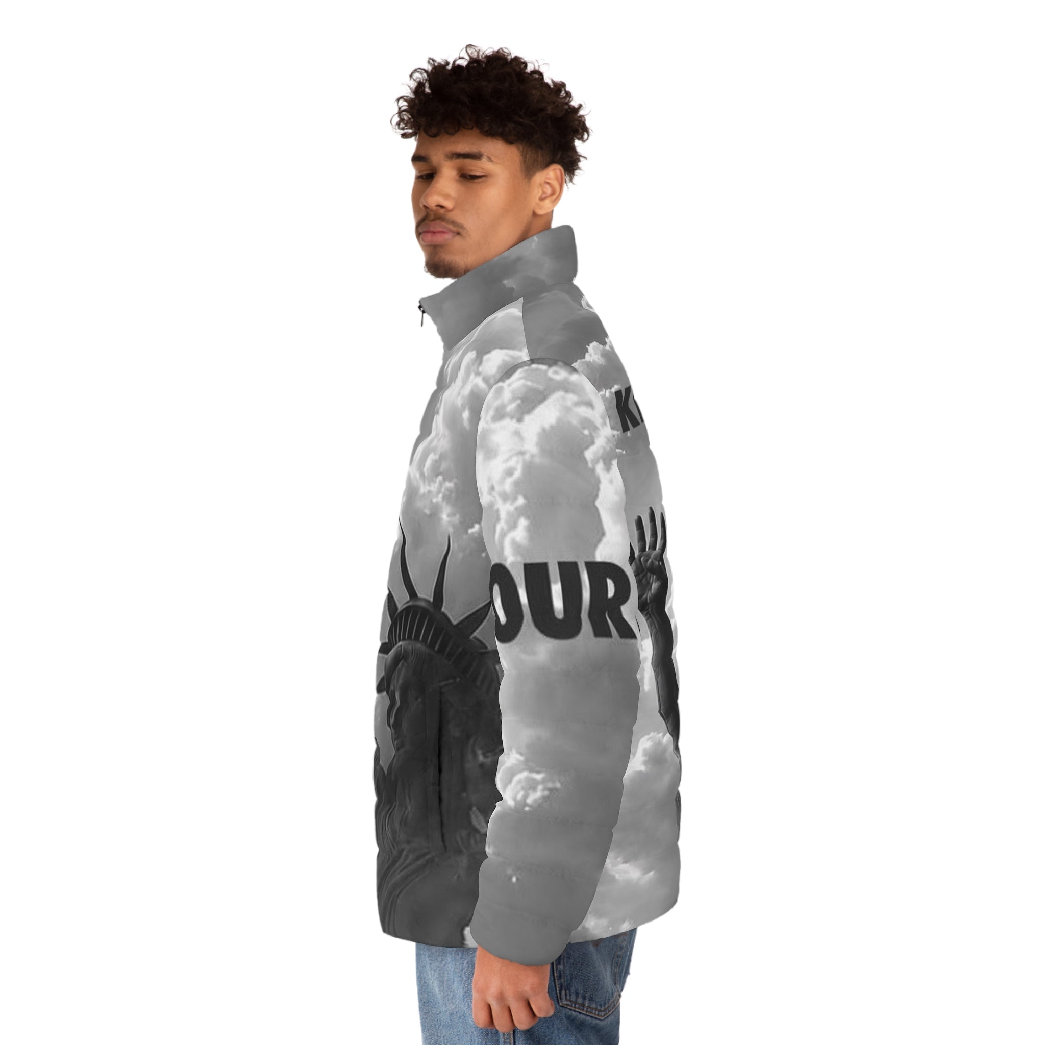 Puffer Jacket — 'Knicks in Four' Statue of Liberty Cloud Print
