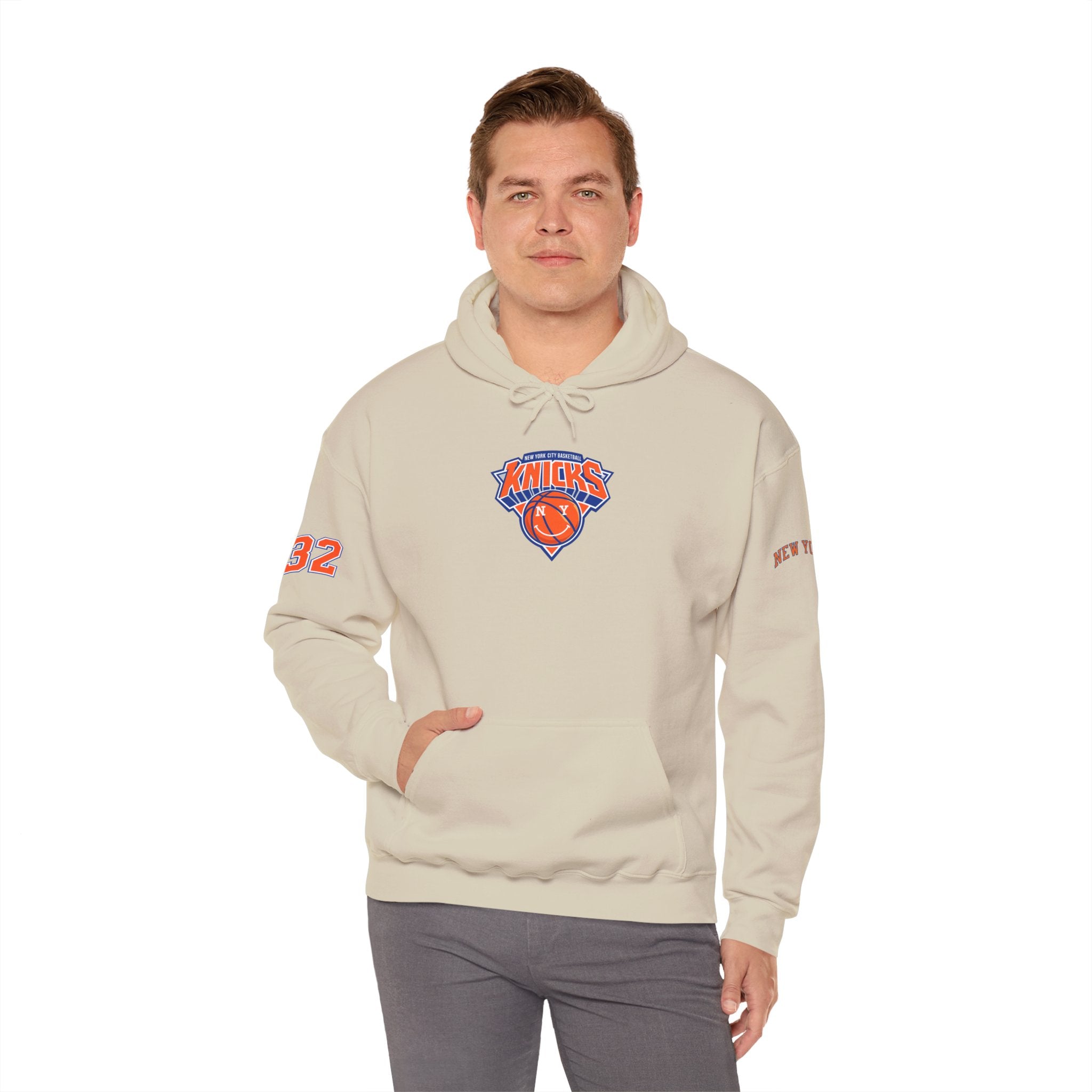 New York Knicks Retro Logo Hoodie — 32 Jersey Sleeve Basketball Pullover