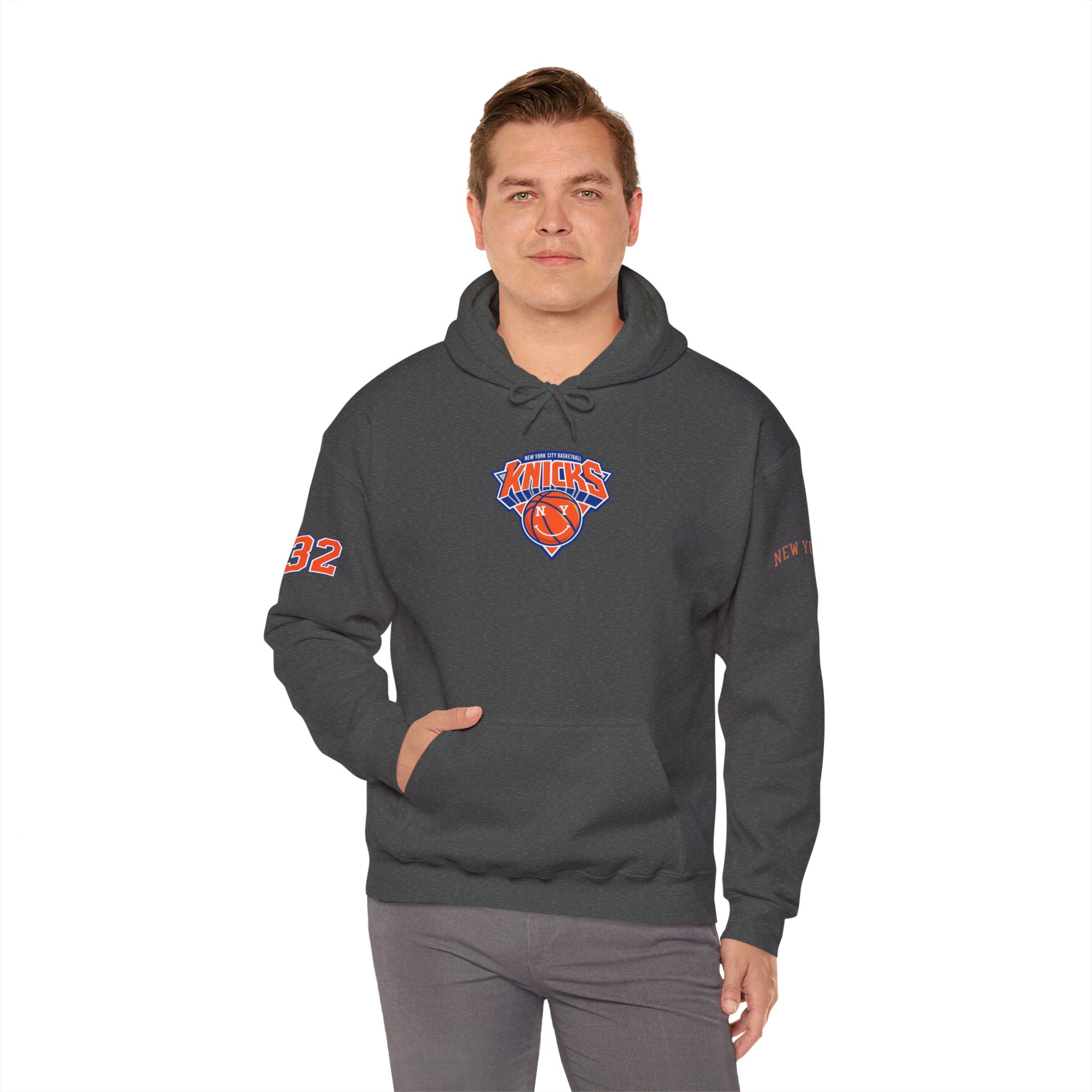 New York Knicks Retro Logo Hoodie — 32 Jersey Sleeve Basketball Pullover