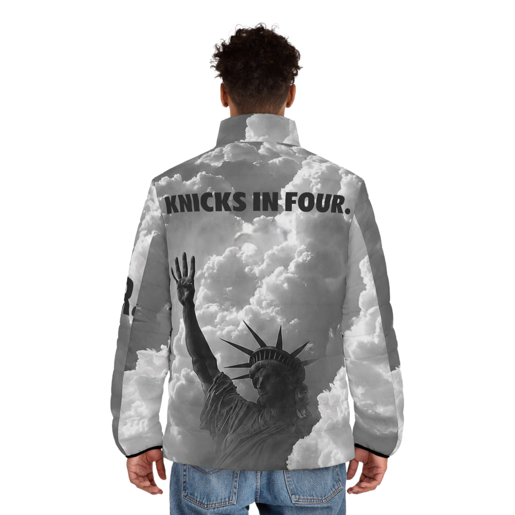 Puffer Jacket — 'Knicks in Four' Statue of Liberty Cloud Print