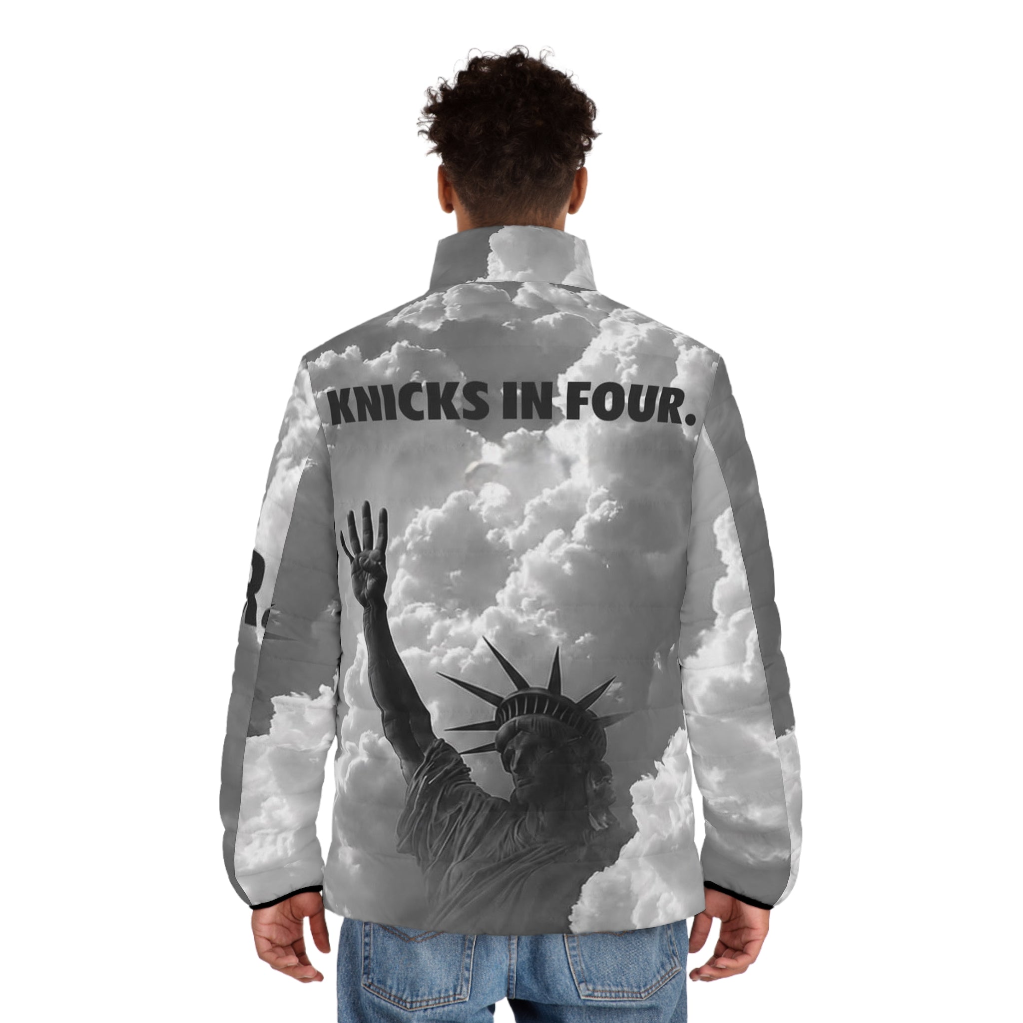Puffer Jacket — 'Knicks in Four' Statue of Liberty Cloud Print