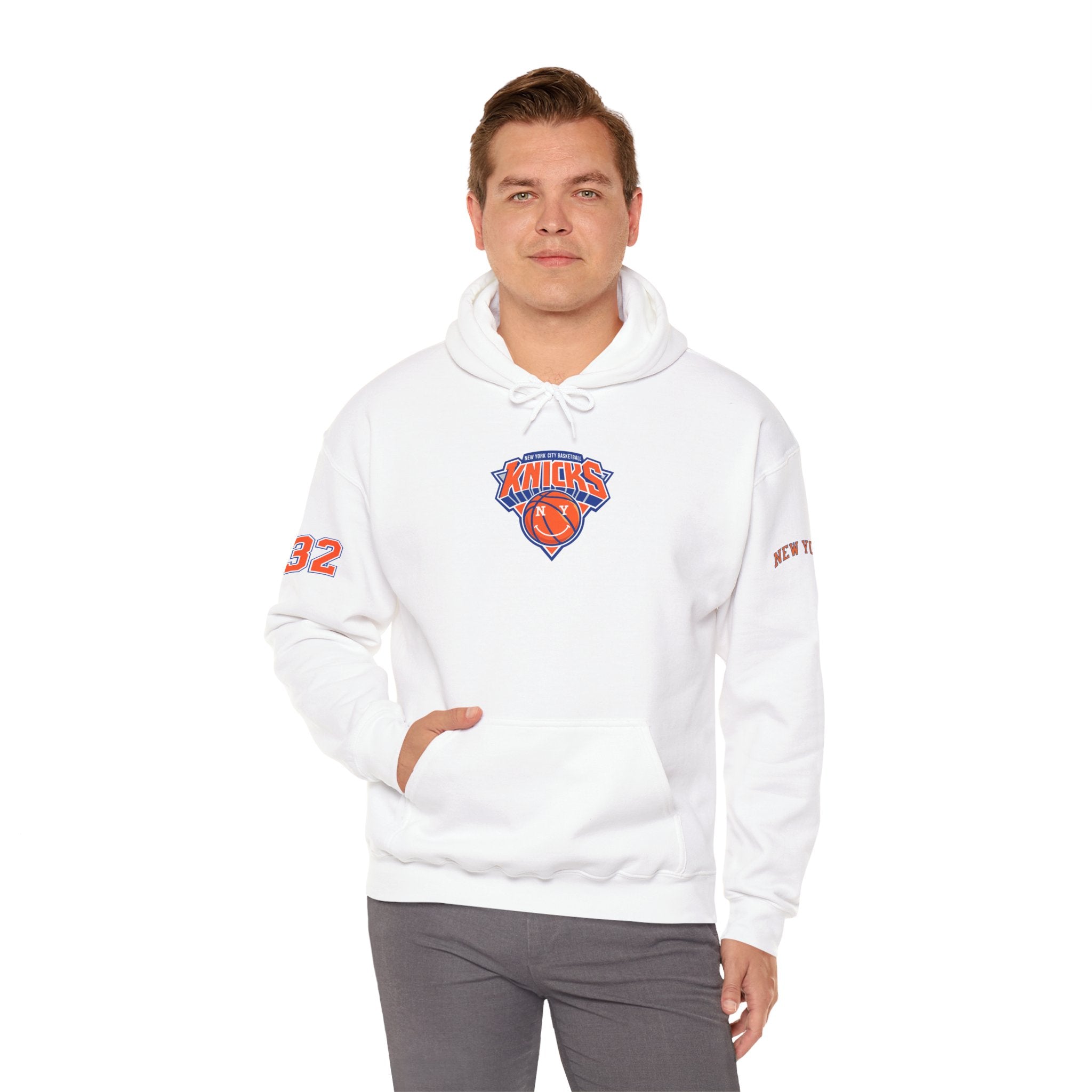 New York Knicks Retro Logo Hoodie — 32 Jersey Sleeve Basketball Pullover