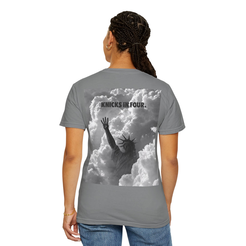 Knicks In Four T‑Shirt — Statue of Liberty Clouds Graphic Tee