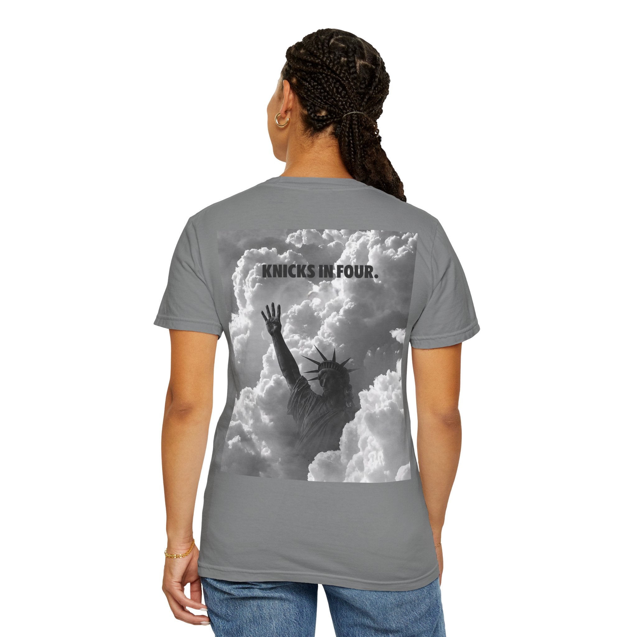 Knicks In Four T‑Shirt — Statue of Liberty Clouds Graphic Tee