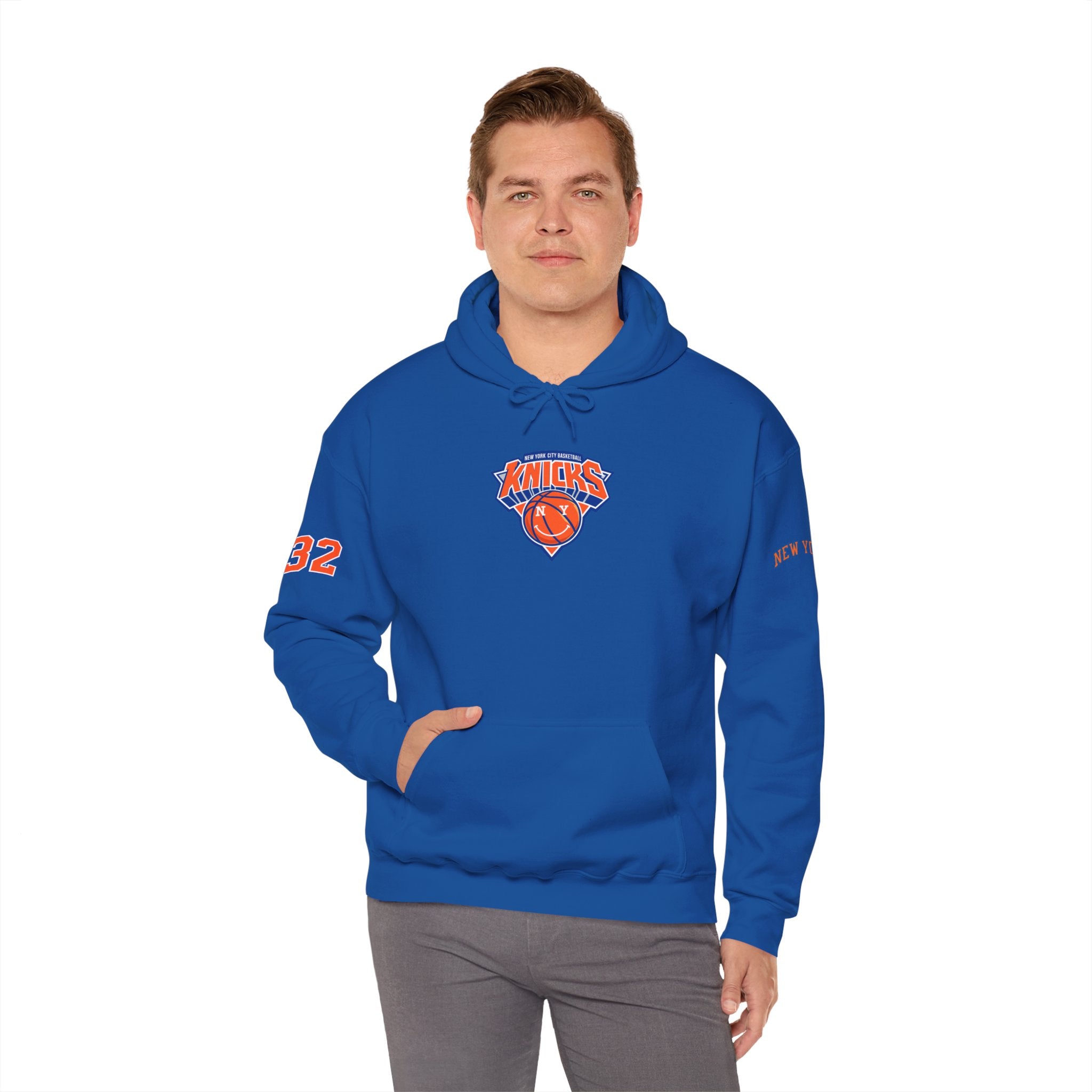 New York Knicks Retro Logo Hoodie — 32 Jersey Sleeve Basketball Pullover