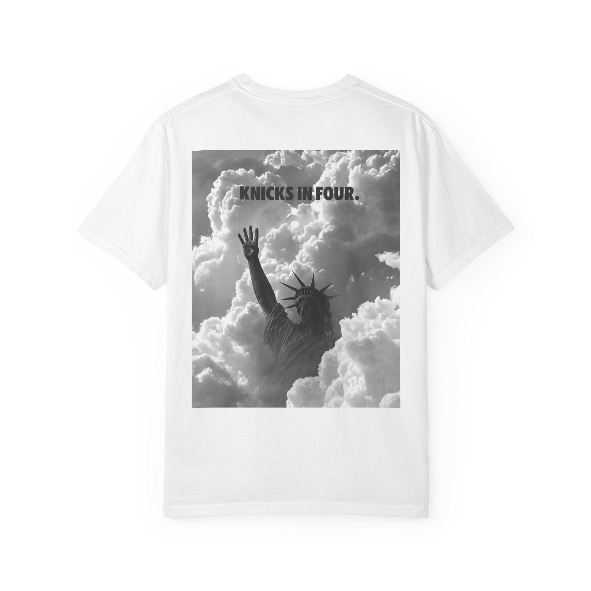 Knicks In Four T‑Shirt — Statue of Liberty Clouds Graphic Tee