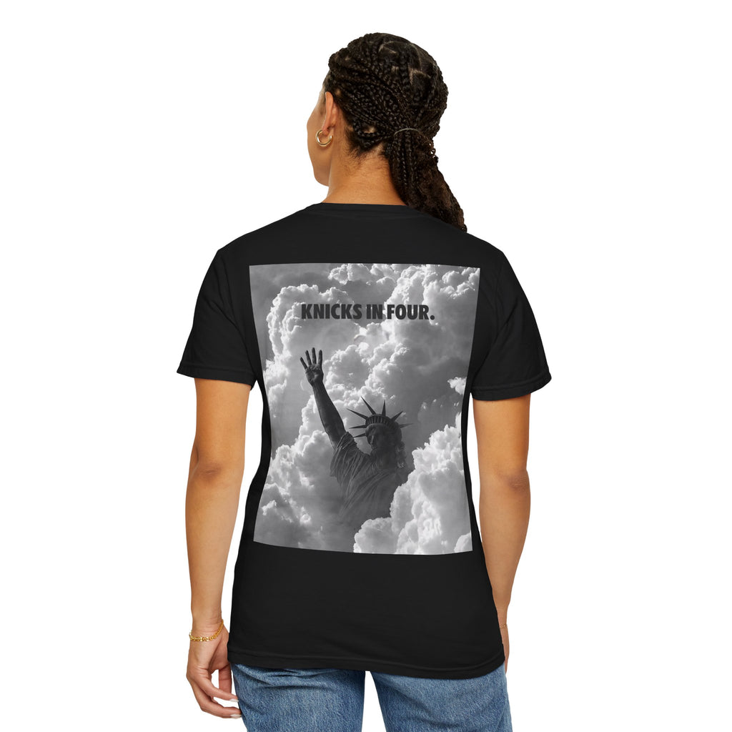Knicks In Four T‑Shirt — Statue of Liberty Clouds Graphic Tee